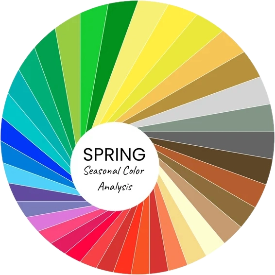Bảng màu Personal Color mùa Xuân (Spring) dạng bánh xe. Gồm các màu sắc ấm áp, tươi sáng, và rực rỡ như xanh lá mạ, vàng tươi, hồng san hô, cam.