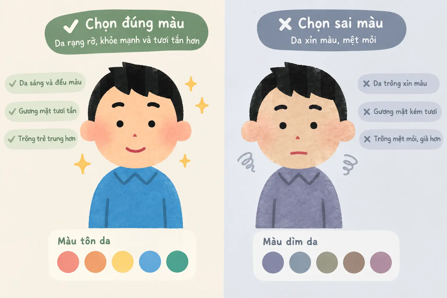 Ảnh minh họa so sánh tác động của màu sắc: chọn đúng màu giúp da sáng, rạng rỡ, và chọn sai màu khiến da xỉn màu