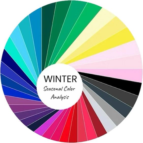 Bảng màu Personal Color mùa Đông dạng bánh xe. Gồm các sắc thái lạnh, sắc nét, có độ tương phản cao như xanh cobalt, đỏ tía, đen, trắng tinh