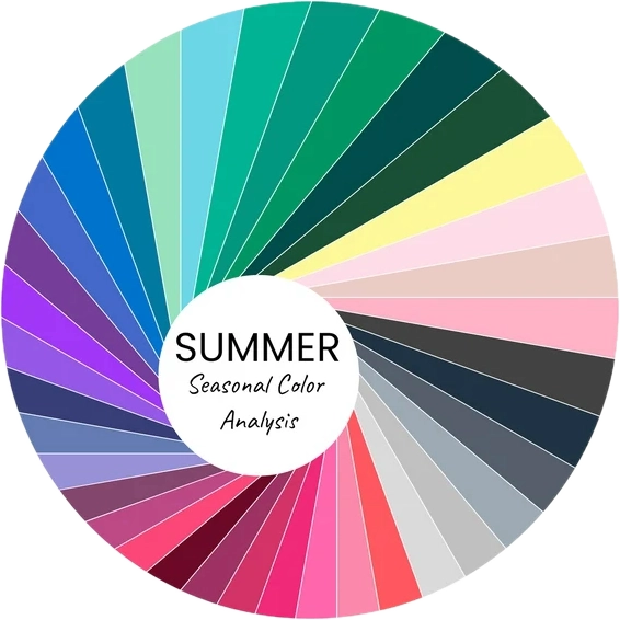 Bảng màu Personal Color mùa Hè dạng bánh xe. Gồm các màu sắc lạnh, nhẹ nhàng, và mềm mại như xanh da trời nhạt, hồng pastel, xám nhạt, xanh lá pastel.